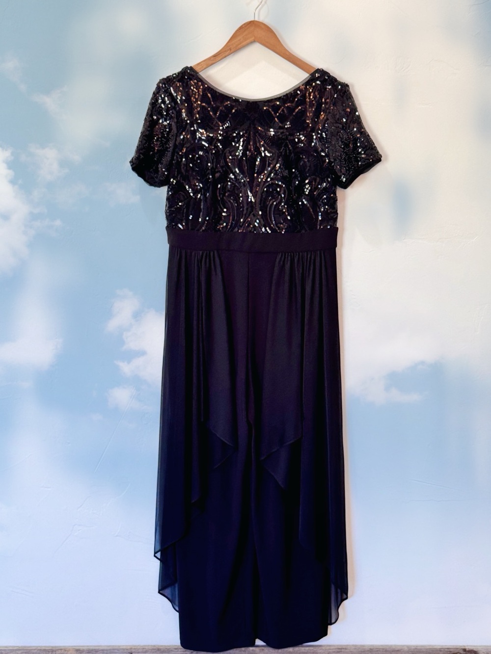 R&M Richards Black Jumpsuit Sequin Bodice Chiffon Overlay Skirt Size 10 Petite
